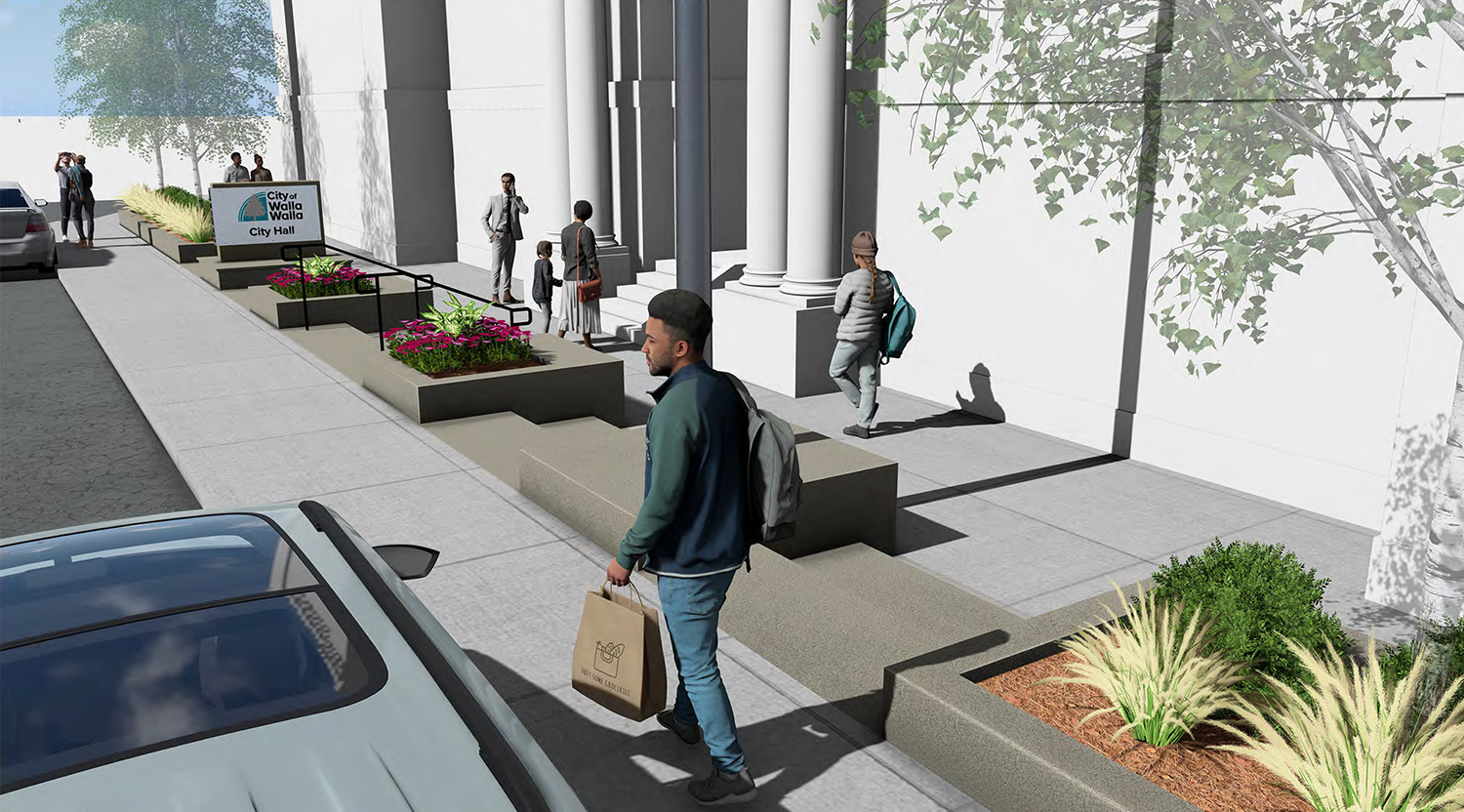 Sidewalk area in front of Walla Walla City Hall after renovation project