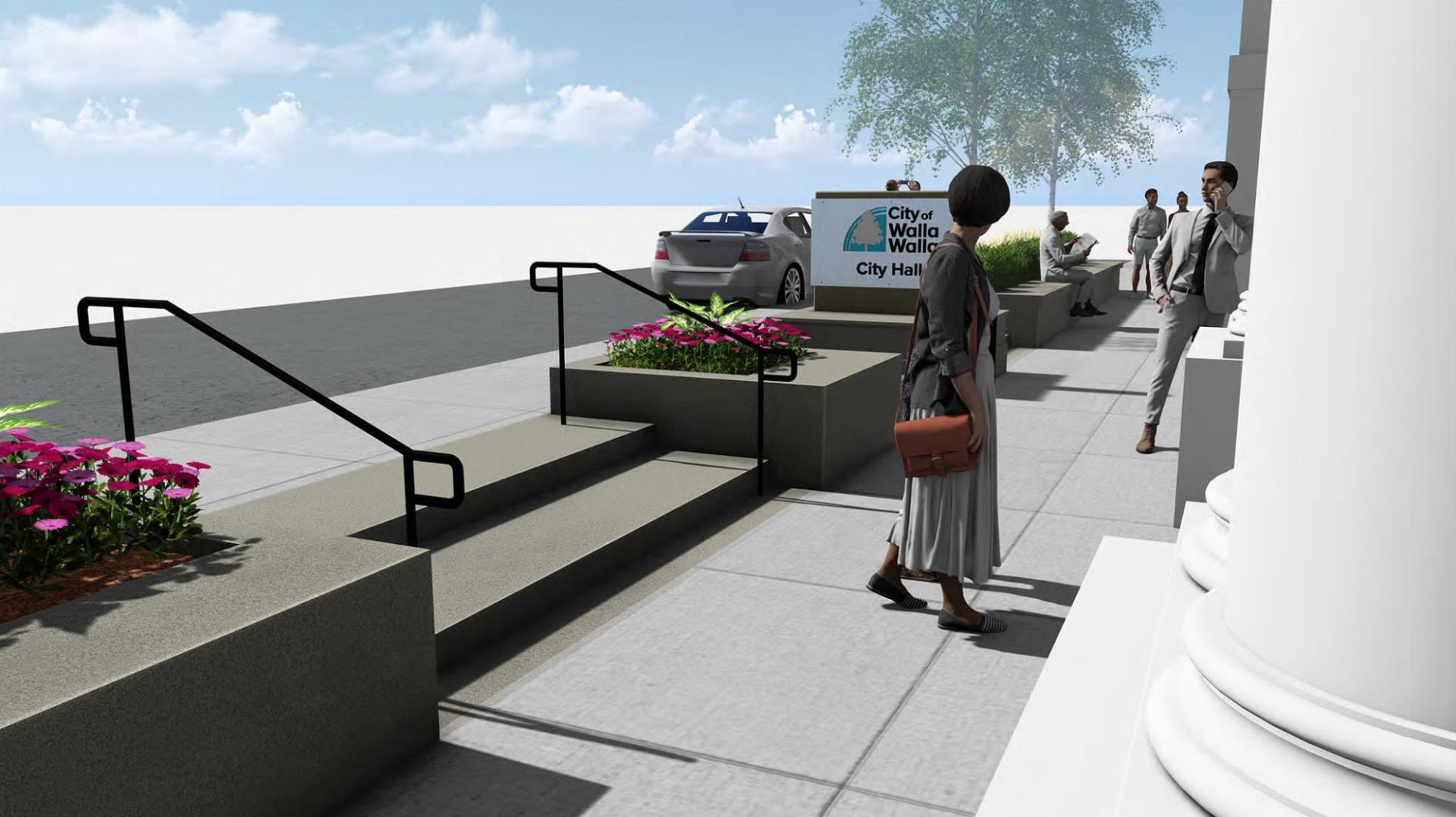 Sidewalk area in front of Walla Walla City Hall after renovation project