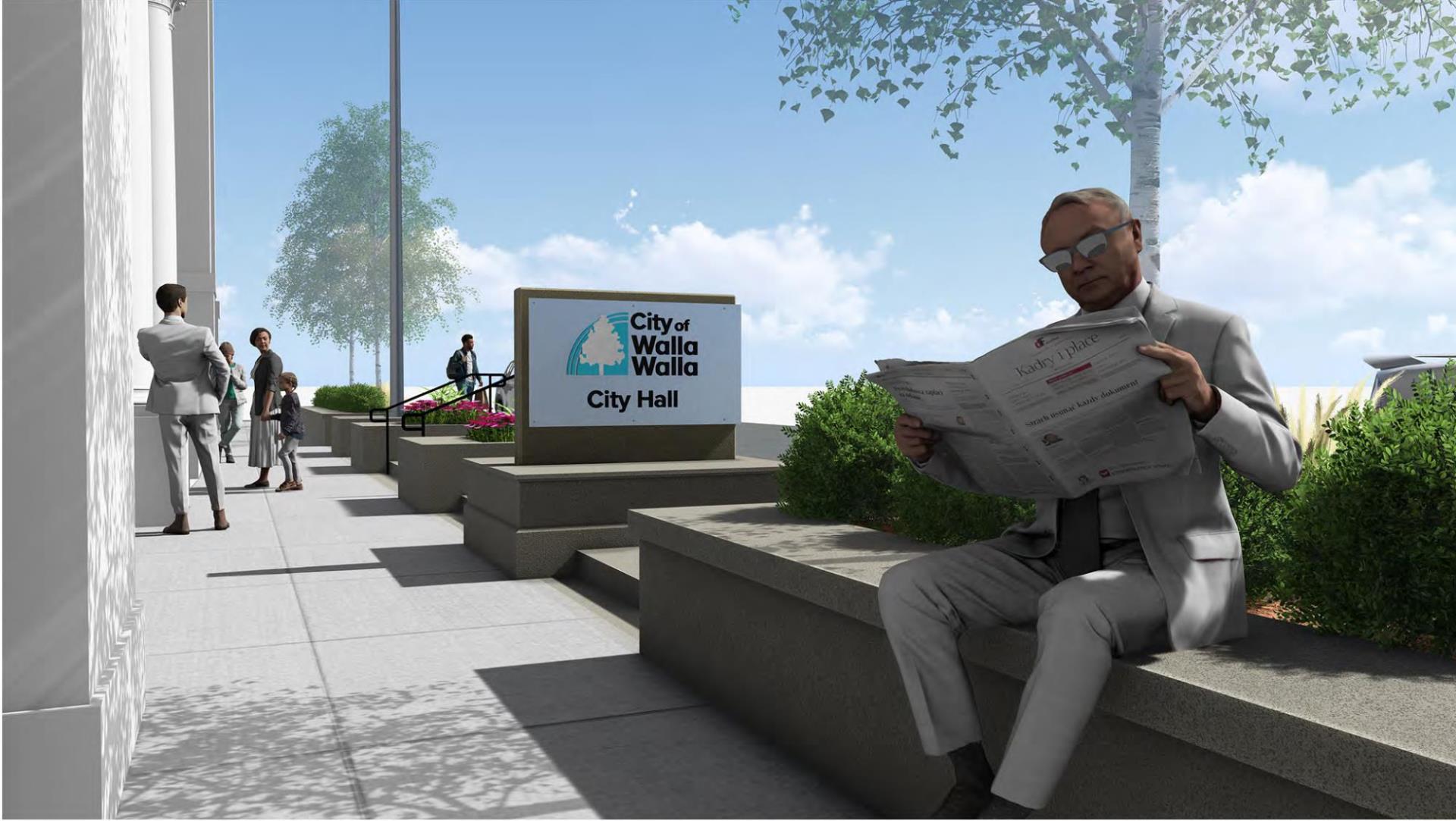 Sidewalk area in front of Walla Walla City Hall after renovation project